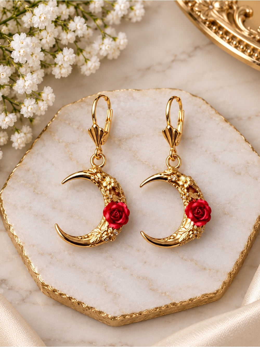 Gold Crescent Moon Red Rose Drop Earrings